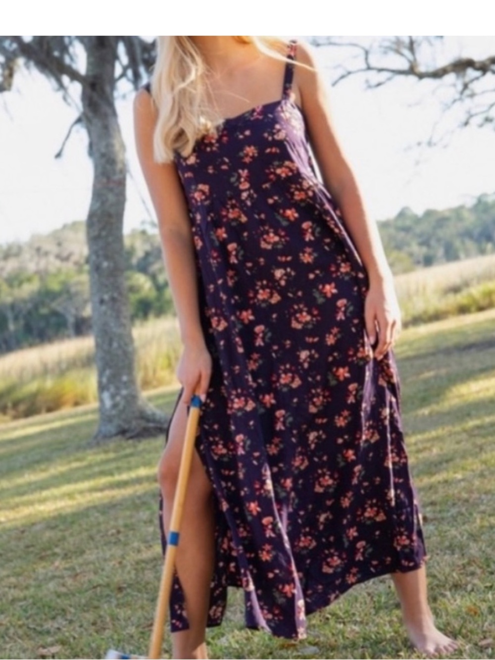 NWT Natural Life Sz XS/S Purple Floral Boho Cottagecore Peasant Maxi Tank Dress